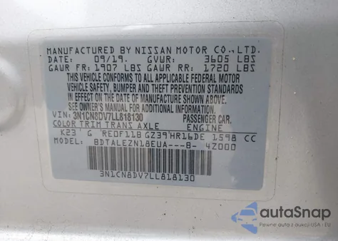 2020 Nissan Versa S Xtronic Cvt z USA, uszkodzony, nr VIN 3N1CN8DV7LL818130
